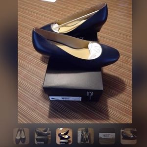 Brand new never worn navy blue wedge high heels leather, 8.5 size
